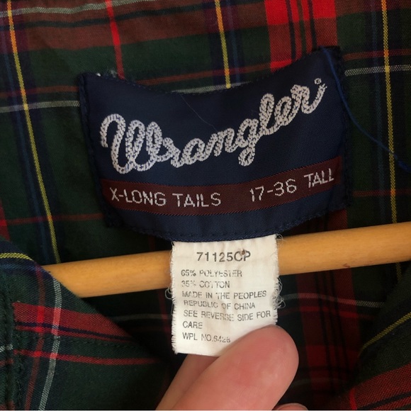 Wrangler Vintage Red Green Plaid Cotton button up X-LONG TAILS 17-36 TALL - Picture 3 of 13
